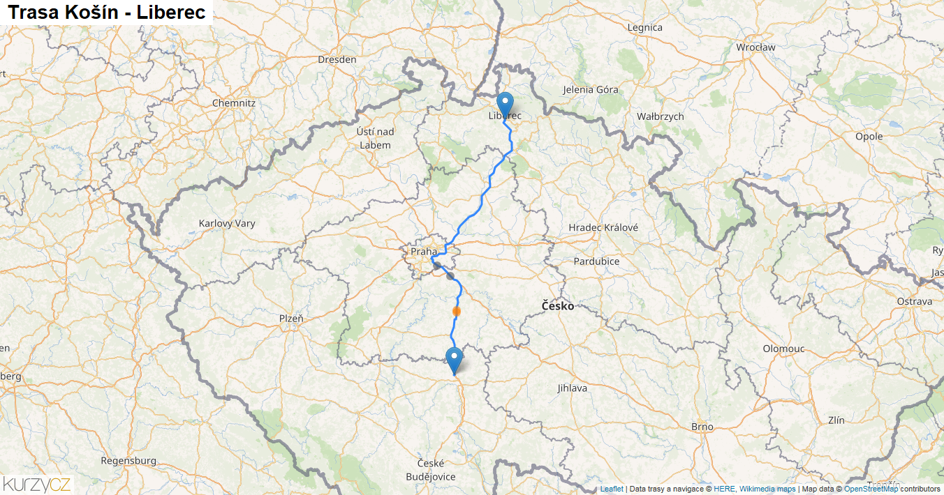 Košín-Liberec, mapa trasy