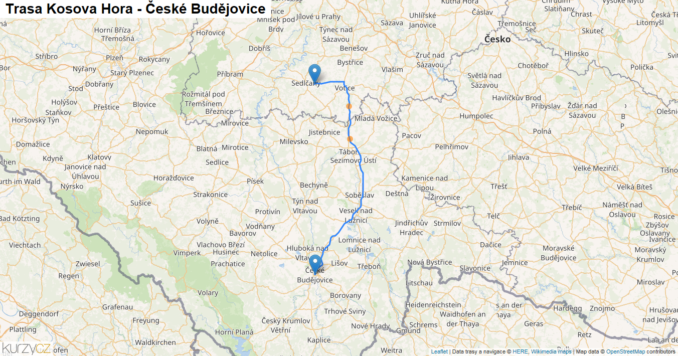 Kosova Hora-České Budějovice, mapa trasy