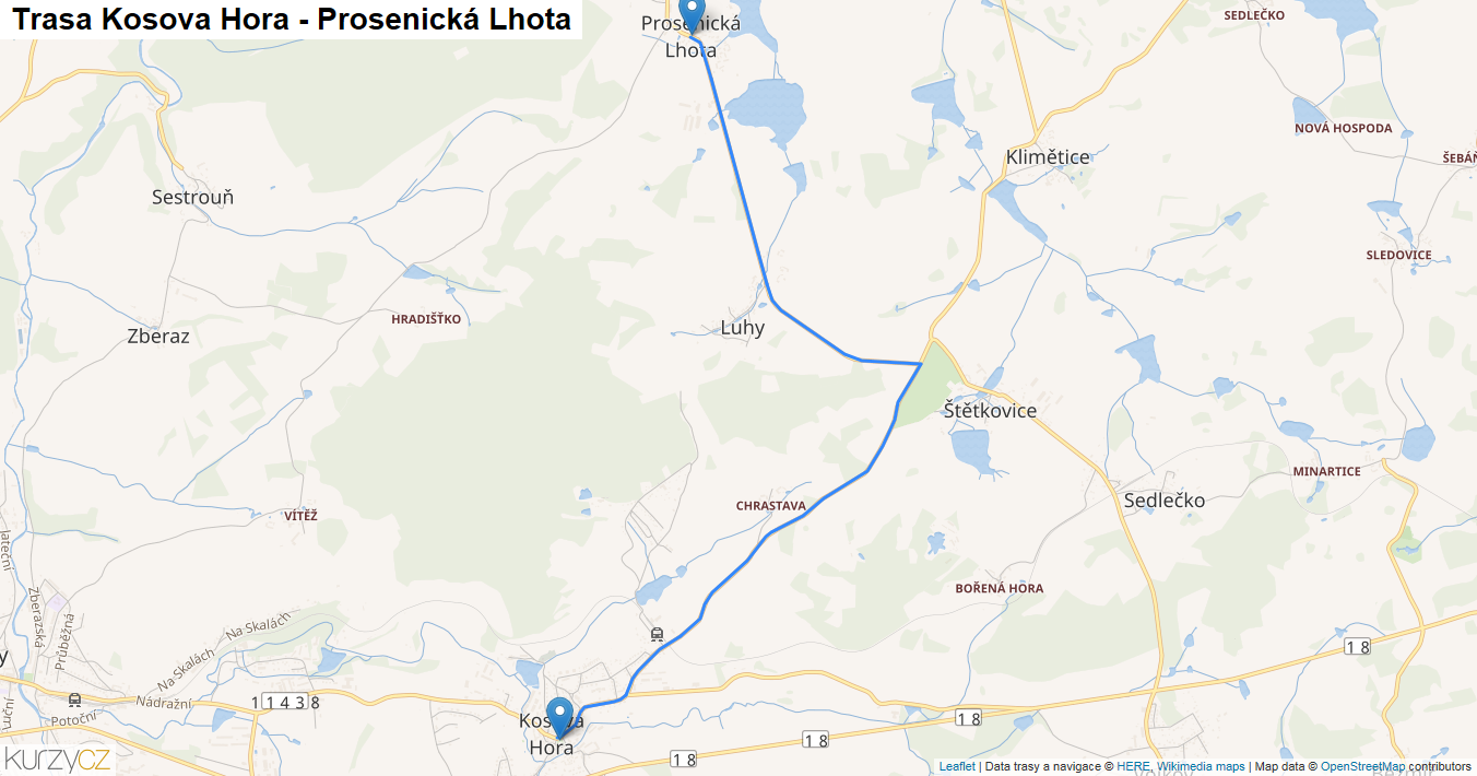 Kosova Hora-Prosenická Lhota, mapa trasy