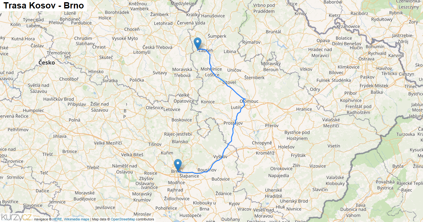 Kosov-Brno, mapa trasy