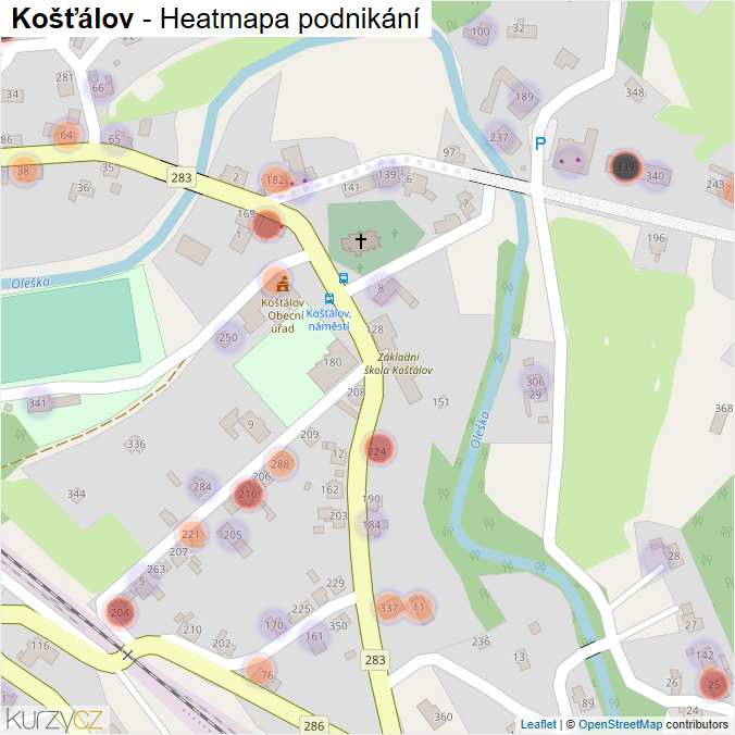 Mapa Košťálov - Firmy v části obce.