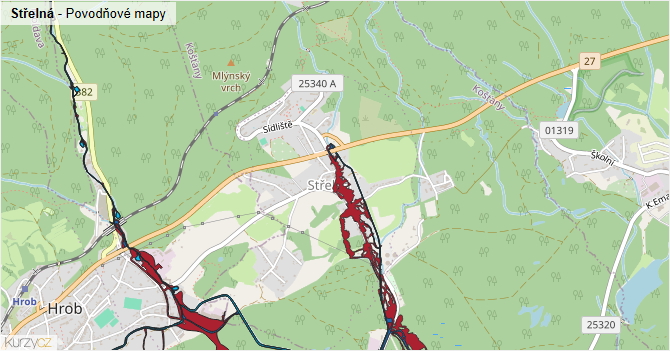 Střelná - záplavové mapy stoleté vody