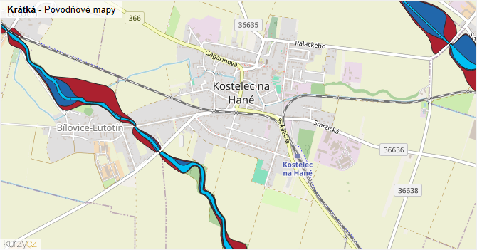 Krátká - záplavové mapy stoleté vody