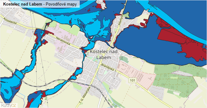 Kostelec nad Labem - záplavové mapy stoleté vody