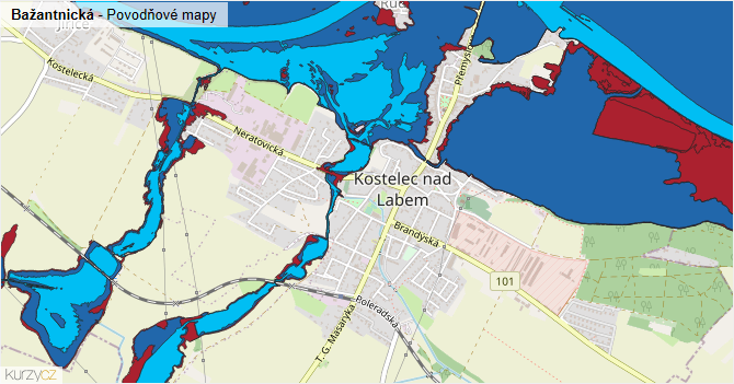 Bažantnická - záplavové mapy stoleté vody