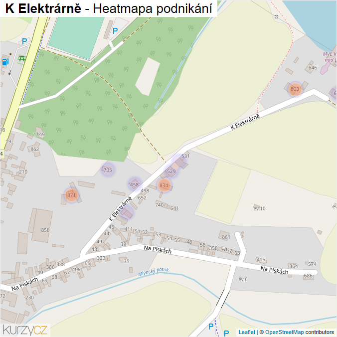 Mapa K Elektrárně - Firmy v ulici.