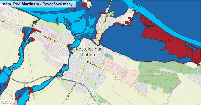 nám. Pod Martinem - záplavové mapy stoleté vody