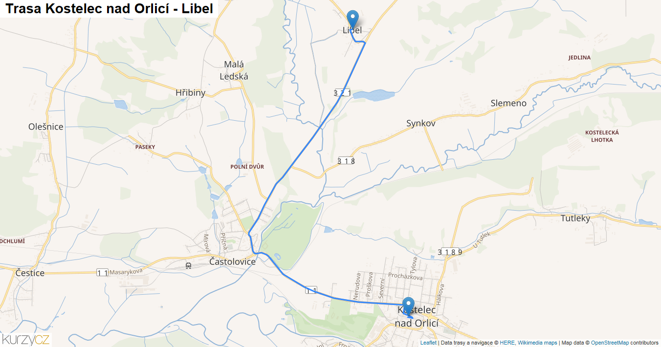 Kostelec nad Orlicí-Libel, mapa trasy