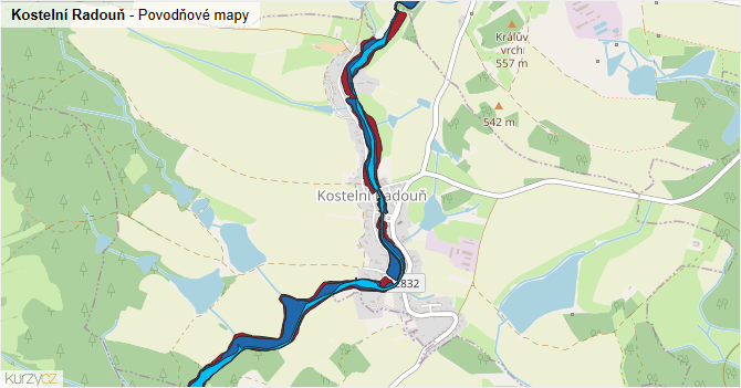 Kostelní Radouň - záplavové mapy stoleté vody