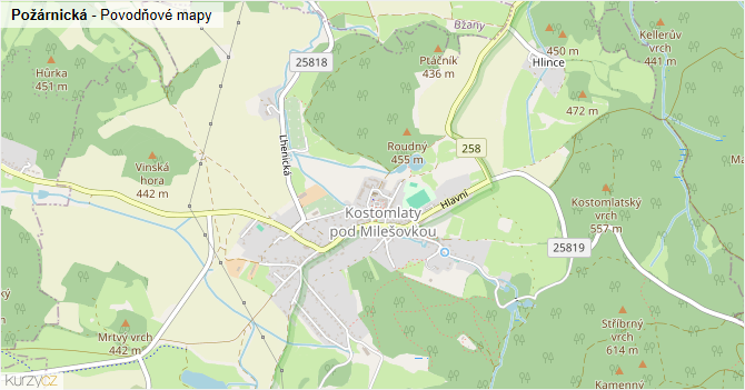 Požárnická - záplavové mapy stoleté vody