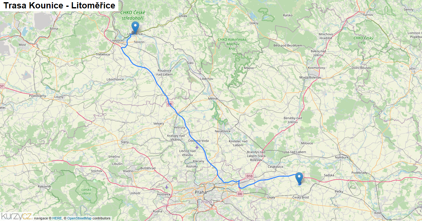 Kounice-Litoměřice, mapa trasy