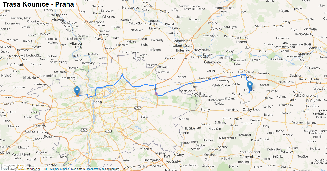 Kounice-Praha, mapa trasy