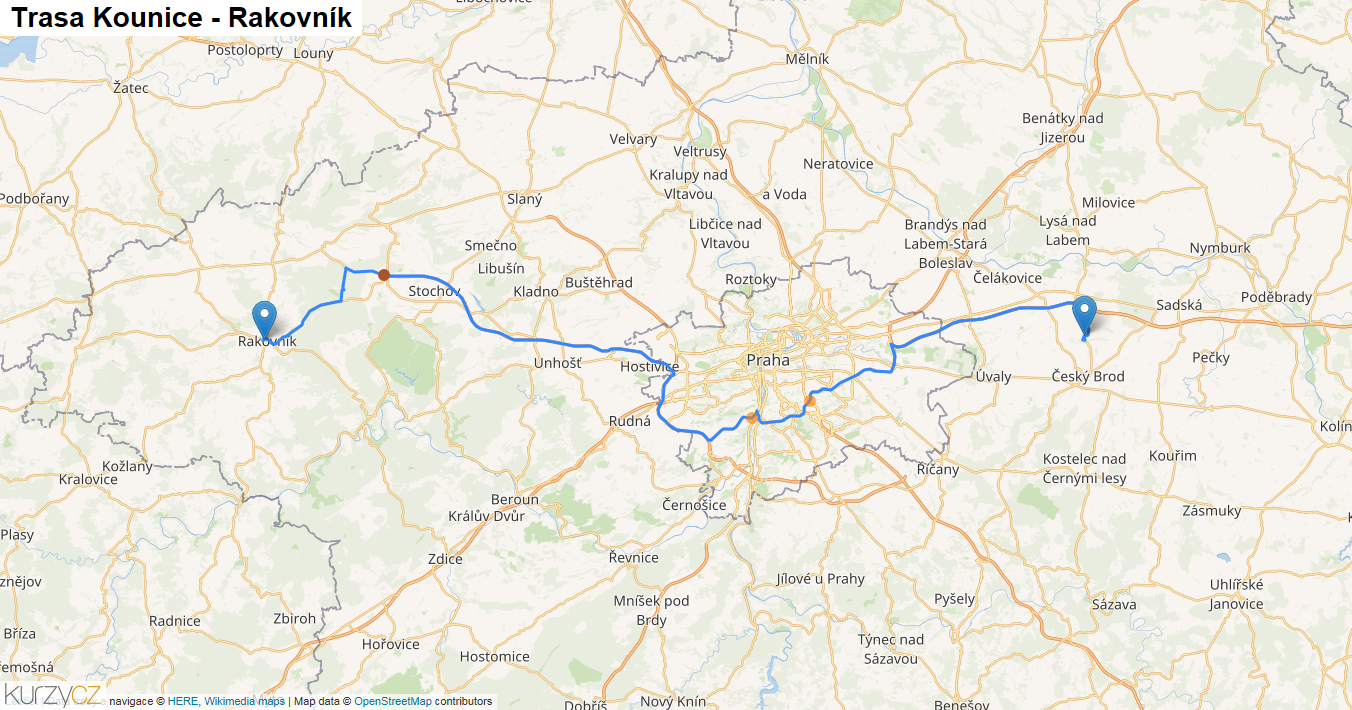 Kounice-Rakovník, mapa trasy