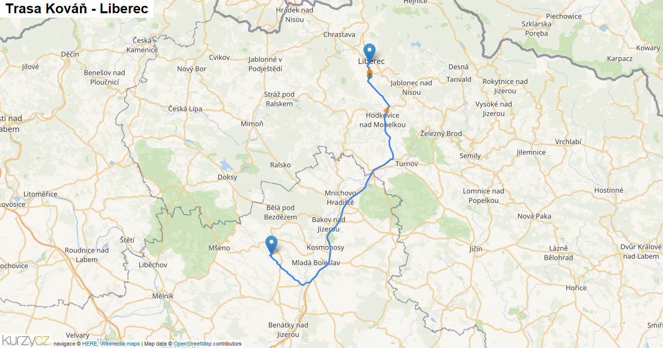 Kováň-Liberec, mapa trasy