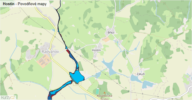 Hostín - záplavové mapy stoleté vody