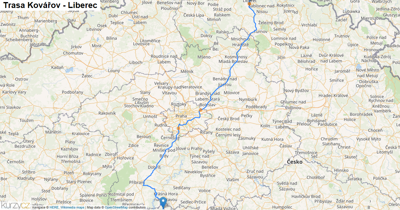 Kovářov-Liberec, mapa trasy