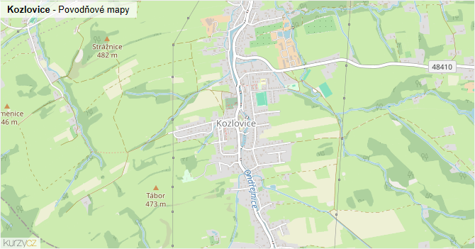 Kozlovice - záplavové mapy stoleté vody