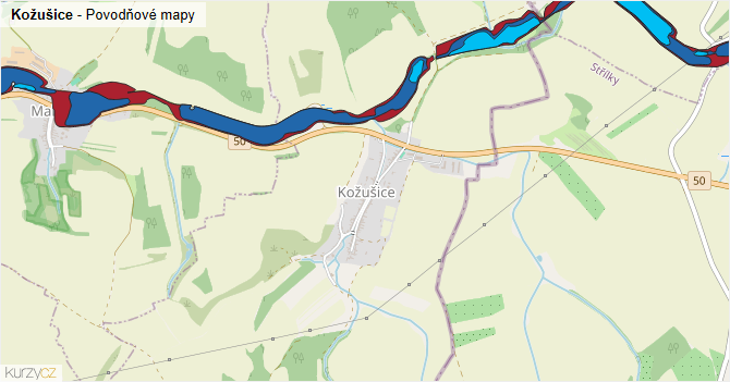Kožušice - záplavové mapy stoleté vody