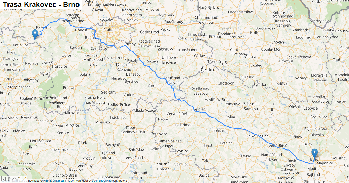 Krakovec-Brno, mapa trasy