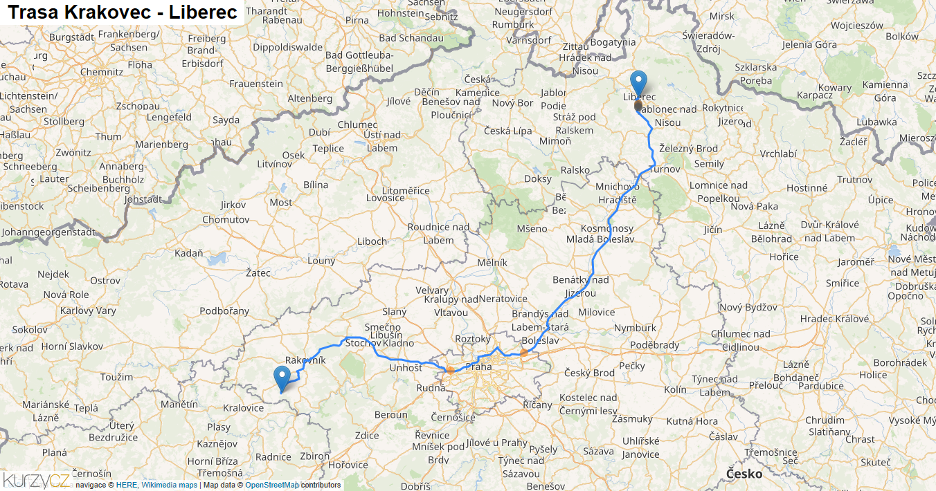 Krakovec-Liberec, mapa trasy