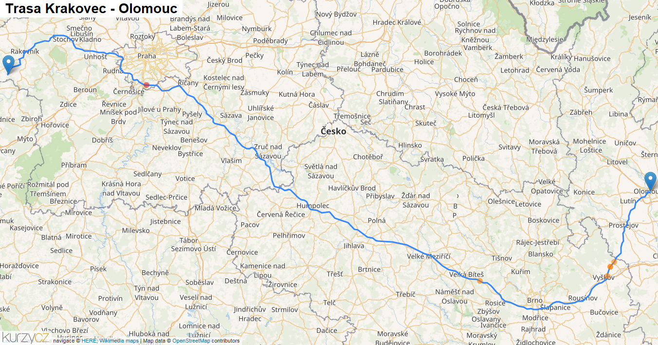 Krakovec-Olomouc, mapa trasy