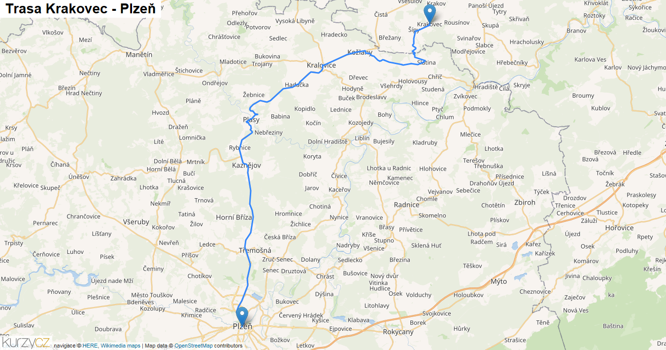 Krakovec-Plzeň, mapa trasy