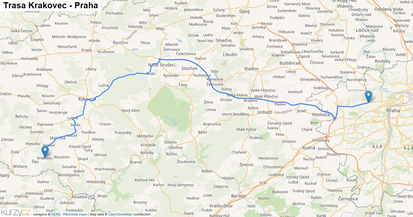 Krakovec-Praha, mapa trasy