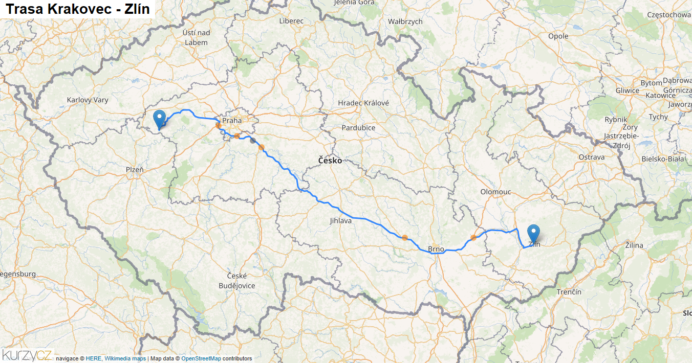 Krakovec-Zlín, mapa trasy
