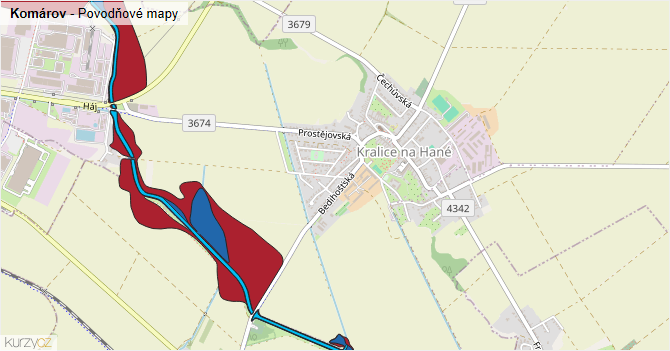 Komárov - záplavové mapy stoleté vody