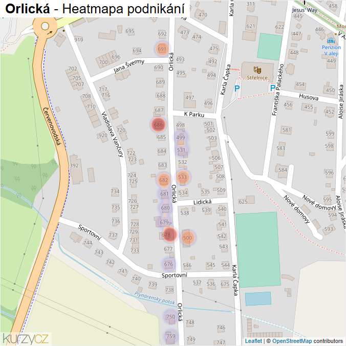 Mapa Orlická - Firmy v ulici.