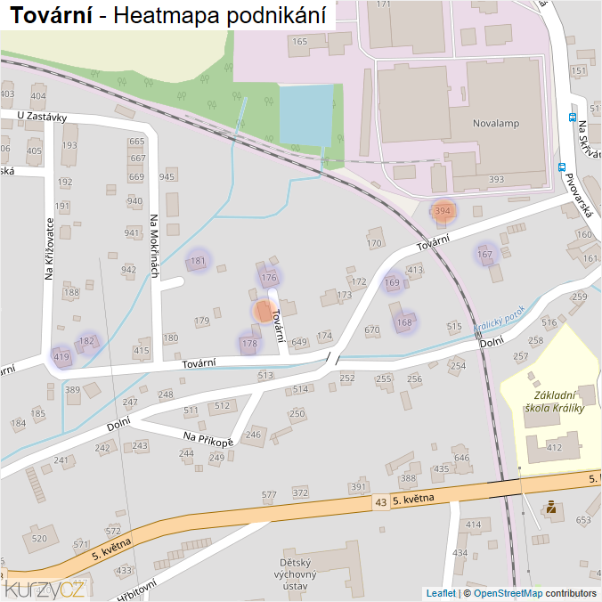 Mapa Tovární - Firmy v ulici.