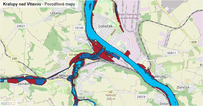 Kralupy nad Vltavou - záplavové mapy stoleté vody