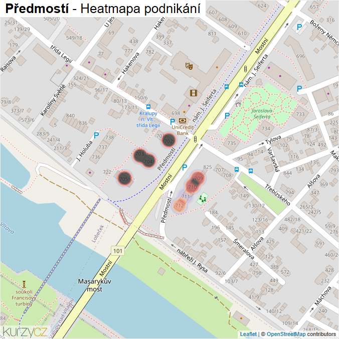 Mapa Předmostí - Firmy v ulici.