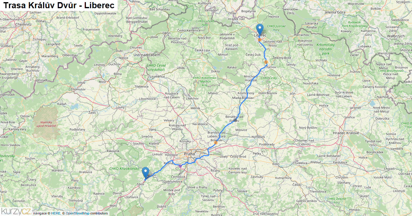 Králův Dvůr-Liberec, mapa trasy