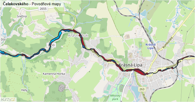 Čelakovského - záplavové mapy stoleté vody