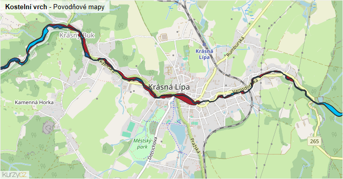 Kostelní vrch - záplavové mapy stoleté vody