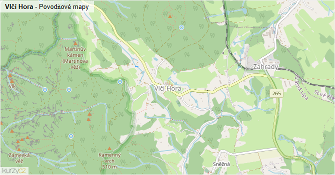 Vlčí Hora - záplavové mapy stoleté vody