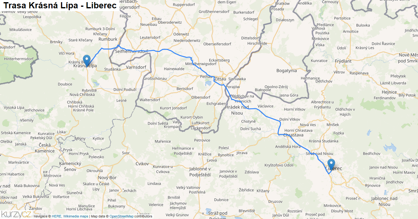 Krásná Lípa-Liberec, mapa trasy