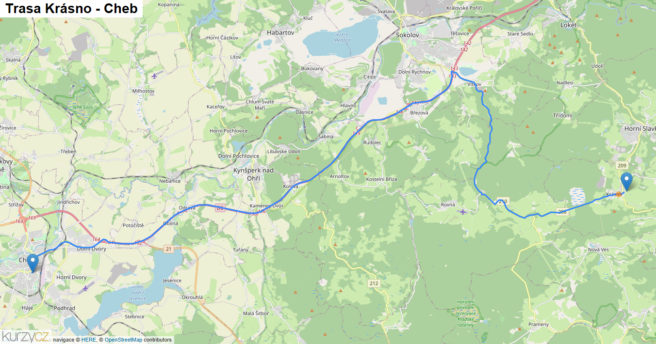Krásno-Cheb, mapa trasy