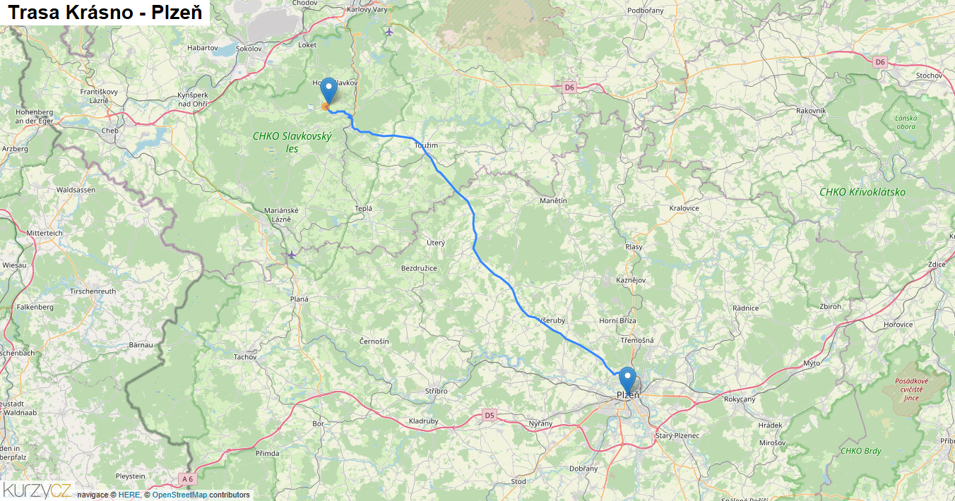 Krásno-Plzeň, mapa trasy