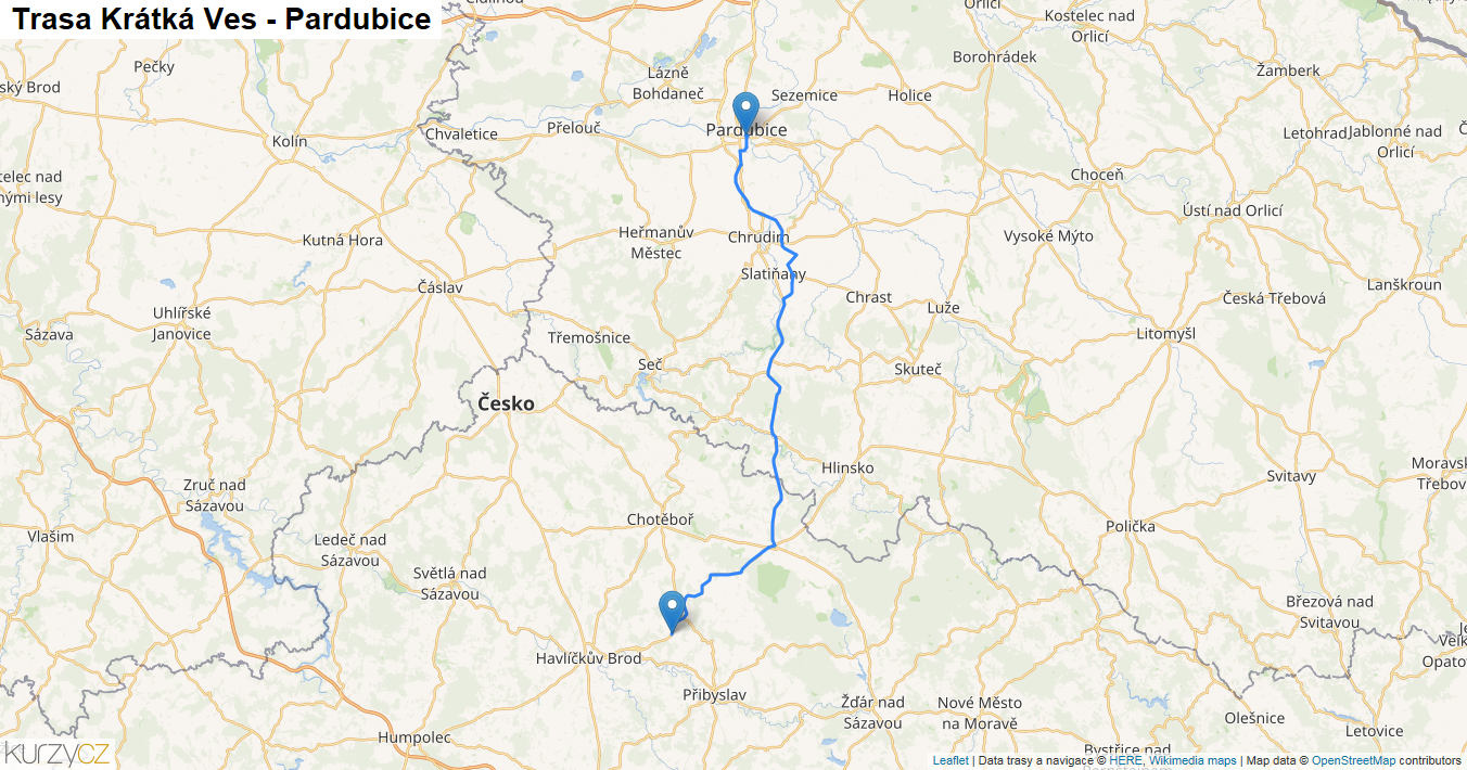 Krátká Ves-Pardubice, mapa trasy