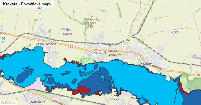 Kravaře - záplavové mapy stoleté vody