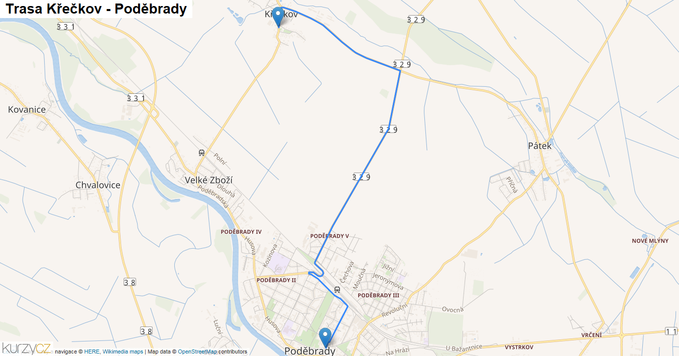 Křečkov-Poděbrady, mapa trasy