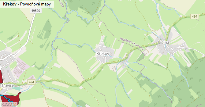 Křekov - záplavové mapy stoleté vody