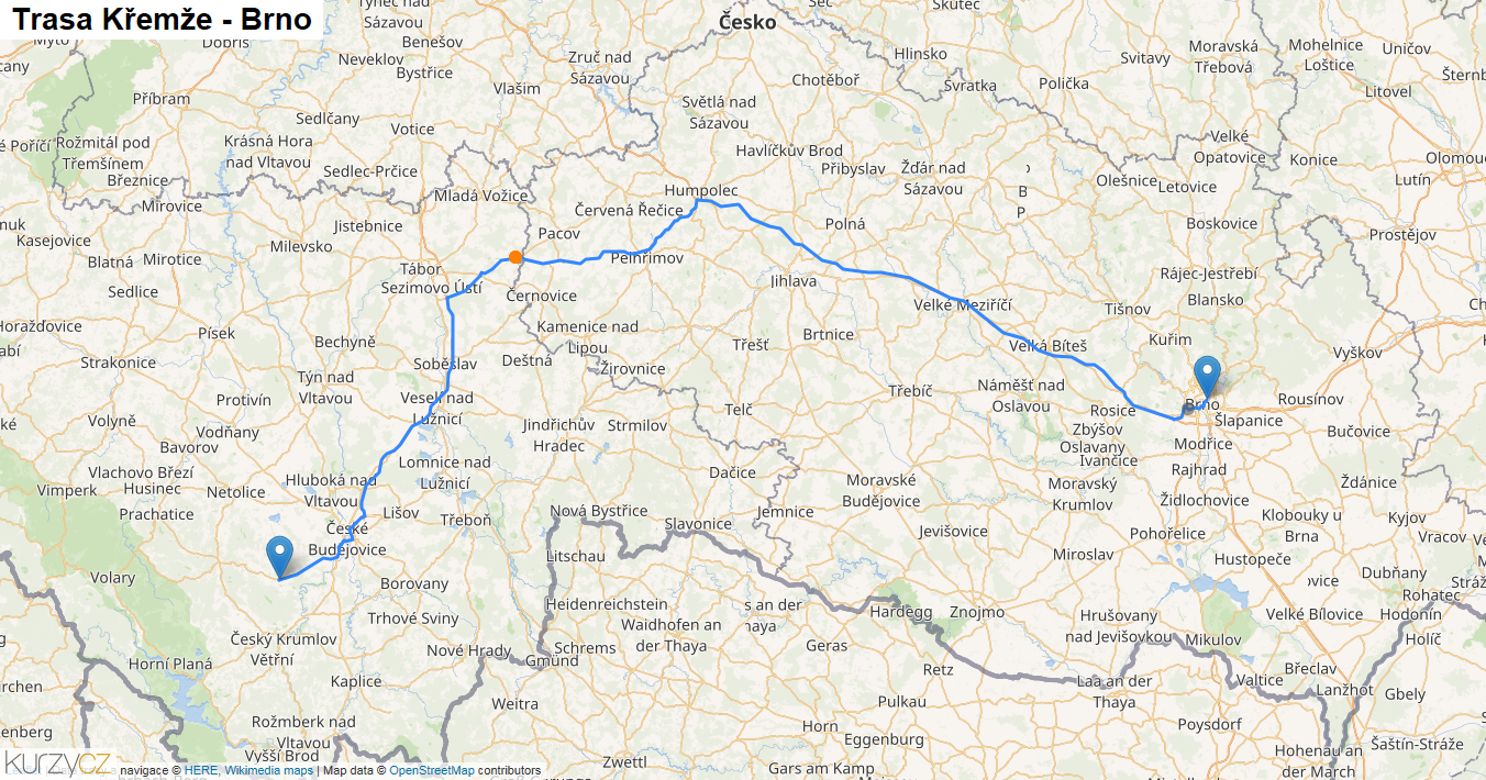 Křemže-Brno, mapa trasy