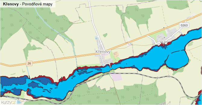 Křenovy - záplavové mapy stoleté vody