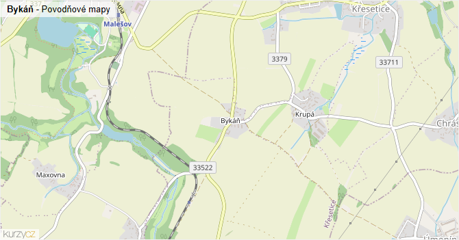 Bykáň - záplavové mapy stoleté vody