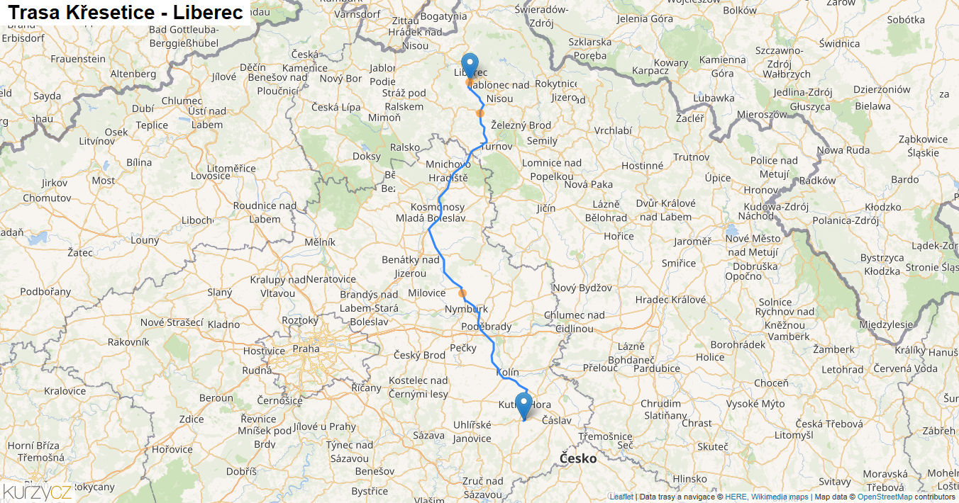 Křesetice-Liberec, mapa trasy