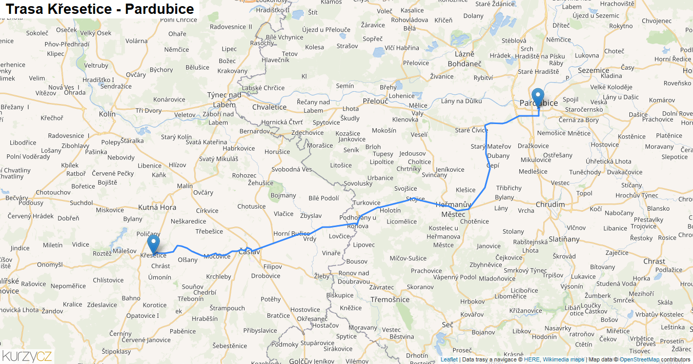 Křesetice-Pardubice, mapa trasy