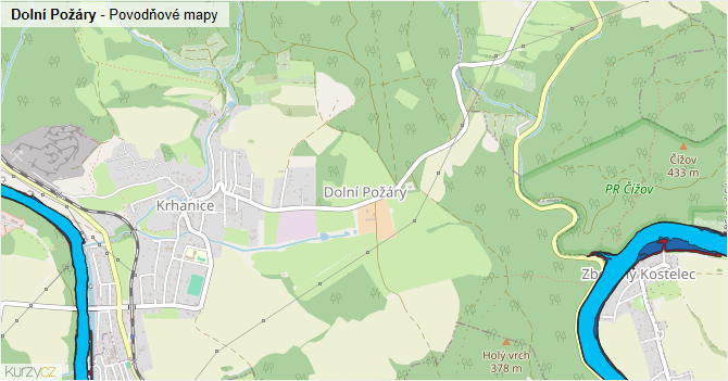 Dolní Požáry - záplavové mapy stoleté vody